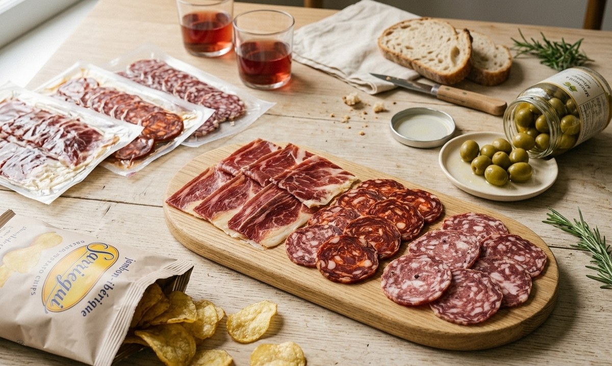 Coffret Apéro ibérique — planche Bellota, chorizo, saucisson, olives, chips Sarriegui