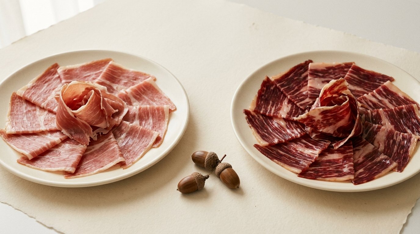 Jambon ibérique Cebo de Campo et jambon Bellota côte à côte, avec des glands